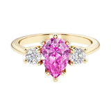 Pink Sapphire pear shaped 3 stone engagement ring with elegant diamond side stones.