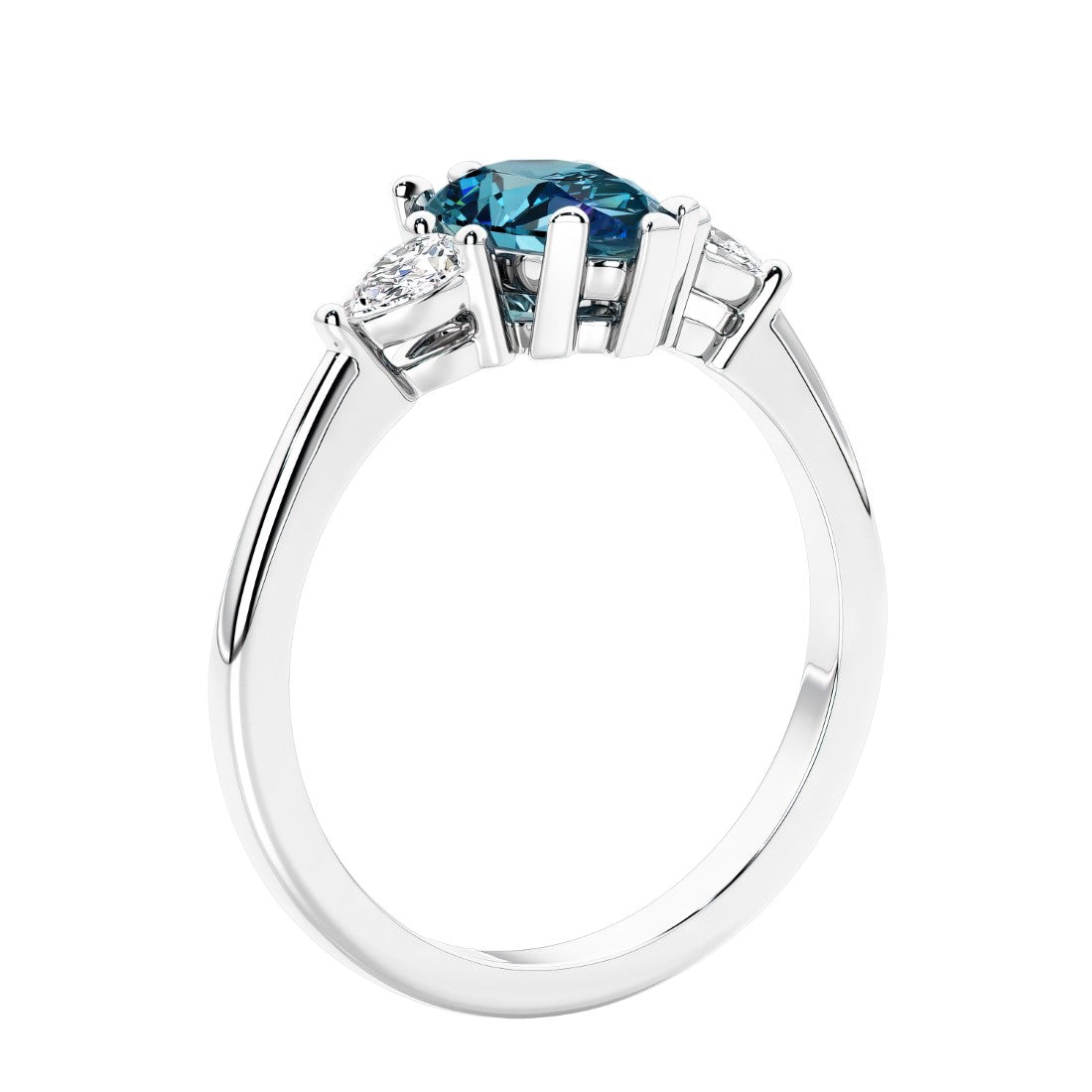 3 stone diamond engagement ring with pear shaped center in white gold featuring Color changing alexandrite.