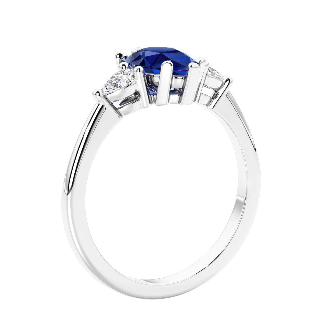 3 stone diamond engagement ring with pear shaped center in white gold featuring Blue Sapphire.