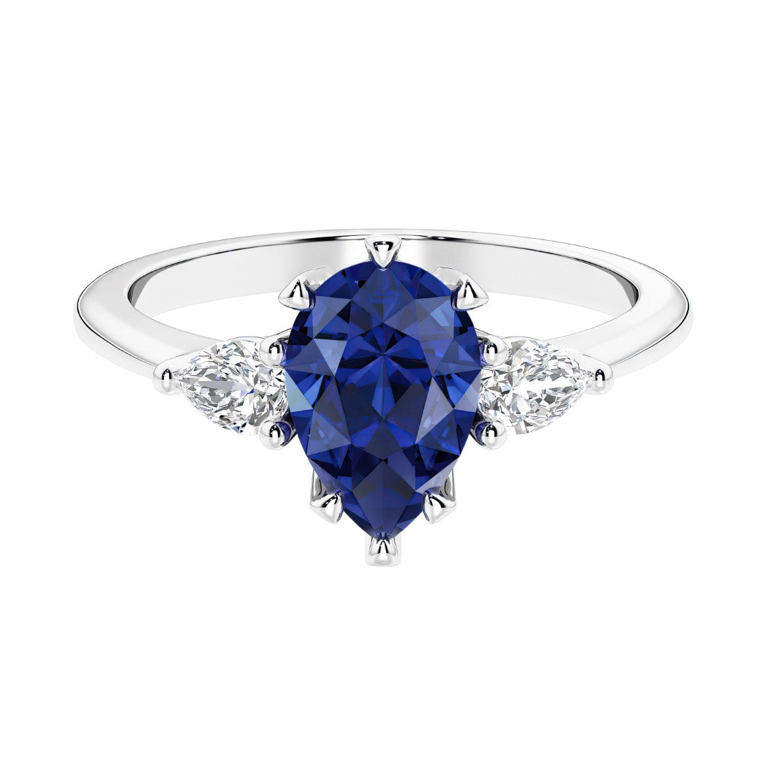 Blue Sapphire 3 stone pear diamond ring set in a delicate band.