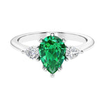 Green Emerald 3 stone pear diamond ring set in a delicate band.