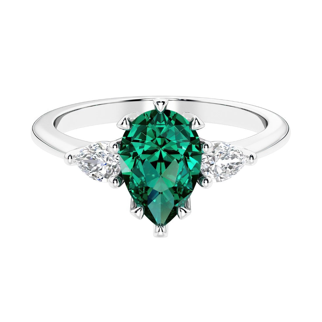 Green Emerald 3 stone pear diamond ring set in a delicate band.