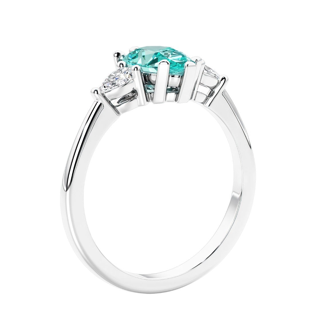 3 stone diamond engagement ring with pear shaped center in white gold featuring Paraiba Tourmaline.