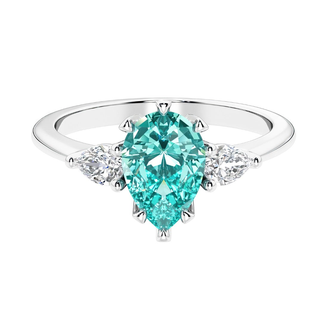 Paraiba Tourmaline 3 stone pear diamond ring set in a delicate band.