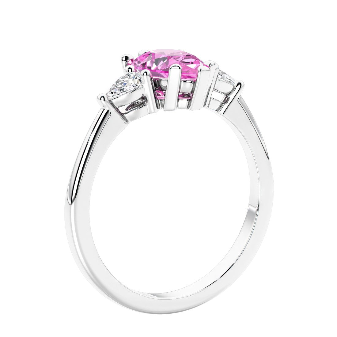 3 stone diamond engagement ring with pear shaped center in white gold featuring Pink Sapphire.