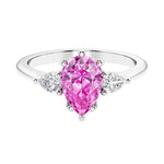 Pink Sapphire 3 stone pear diamond ring set in a delicate band.