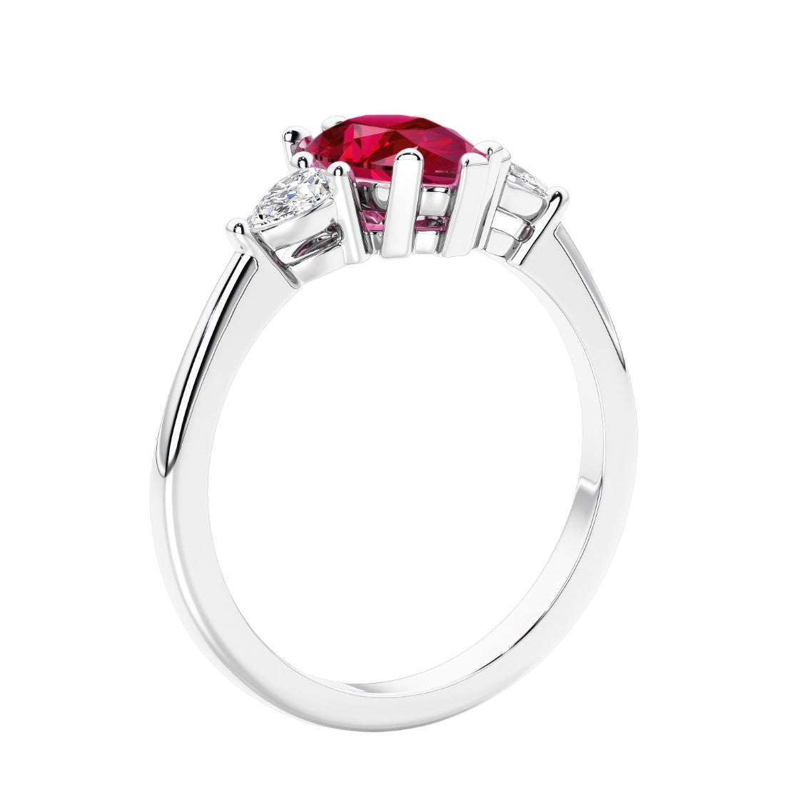 3 stone diamond engagement ring with pear shaped center in white gold featuring Red Ruby.