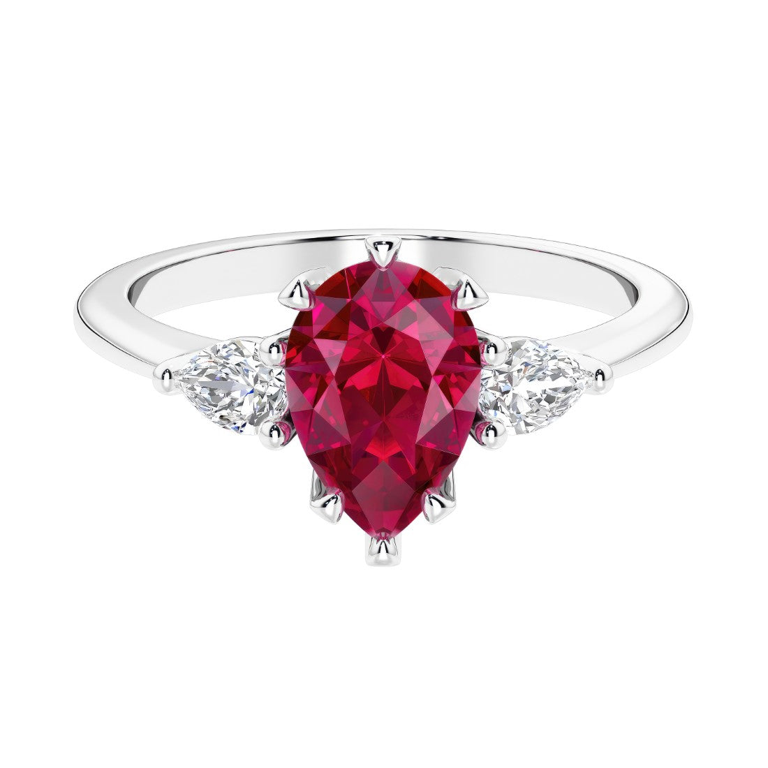 Red Ruby 3 stone pear diamond ring set in a delicate band.