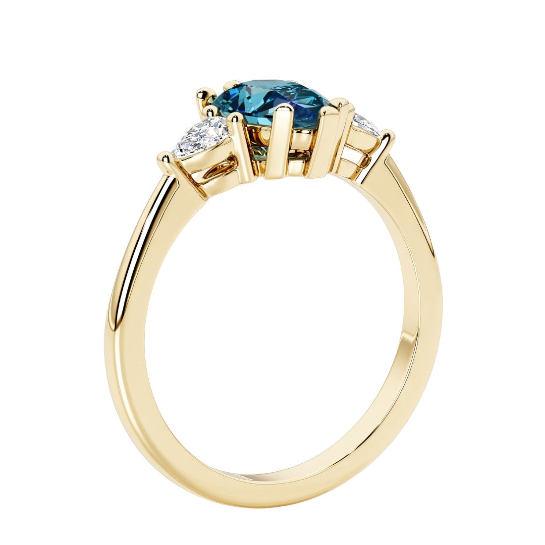 Color changing alexandrite three stone pear shaped engagement ring with classic styling.