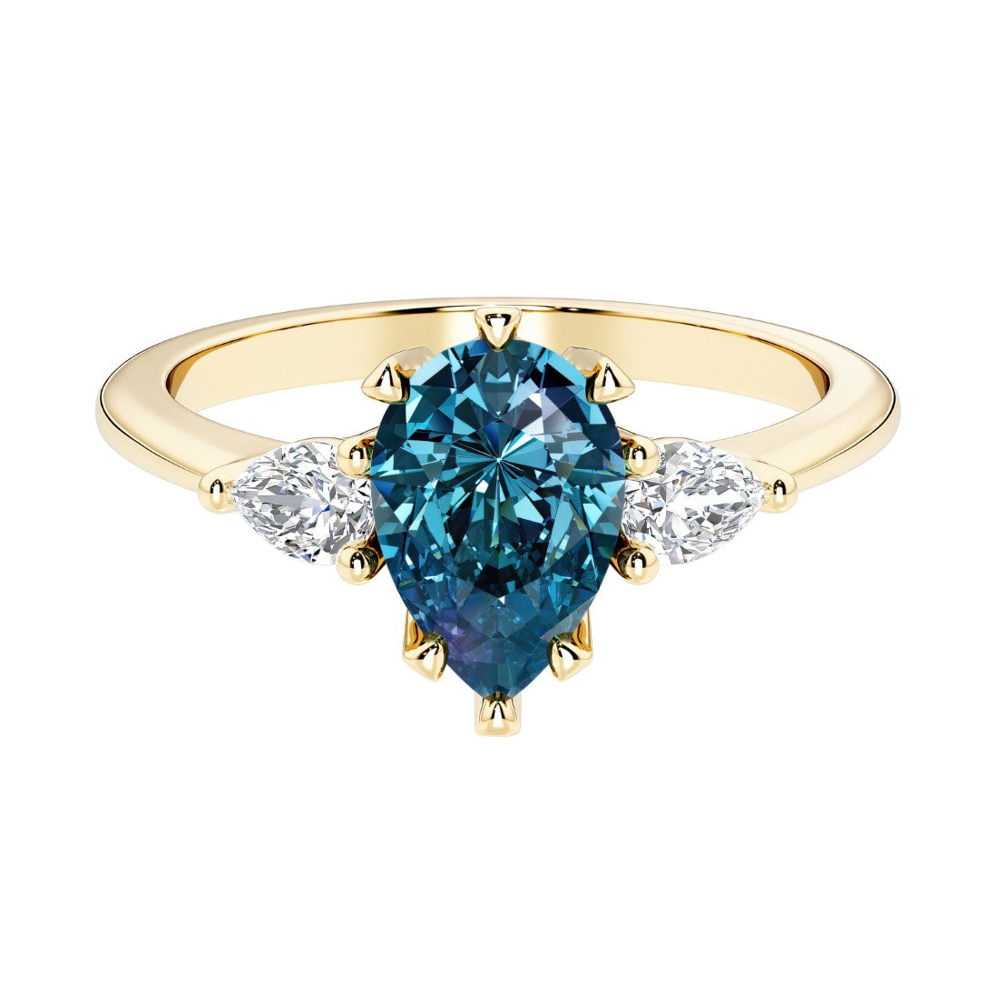 Color changing alexandrite pear shaped 3 stone engagement ring with elegant diamond side stones.