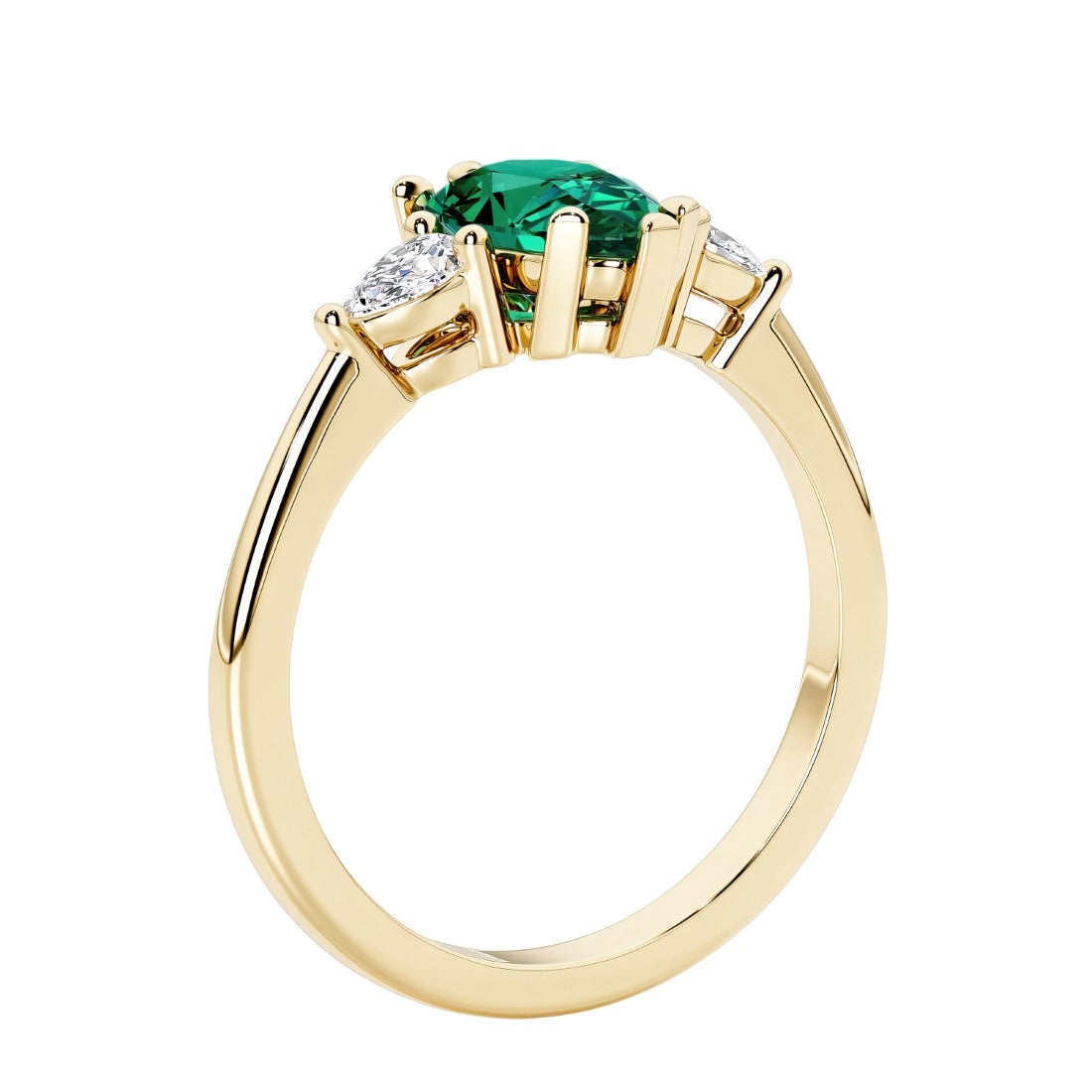 Green Emerald three stone pear shaped engagement ring with classic styling.
