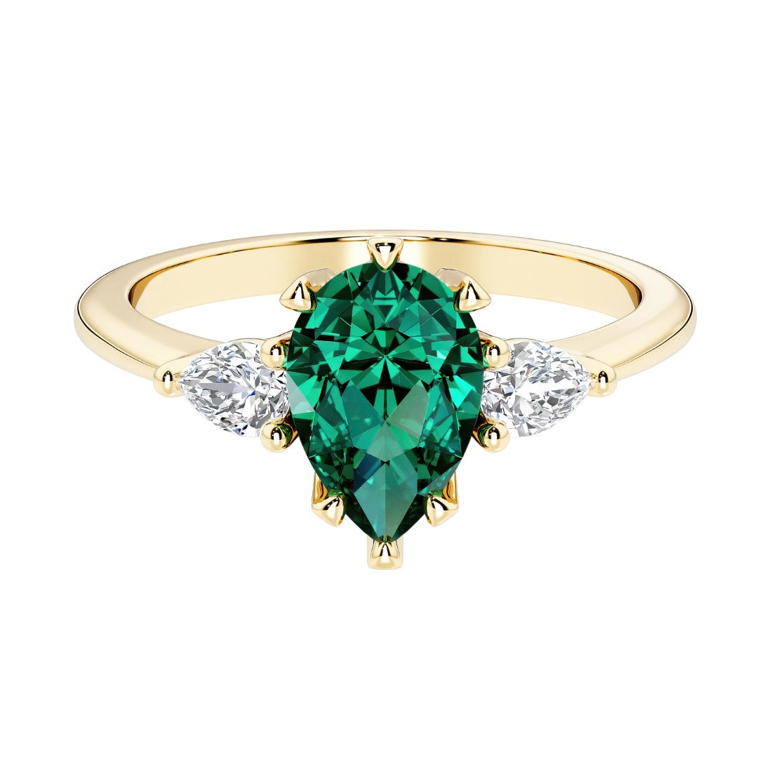 Green Emerald pear shaped 3 stone engagement ring with elegant diamond side stones.