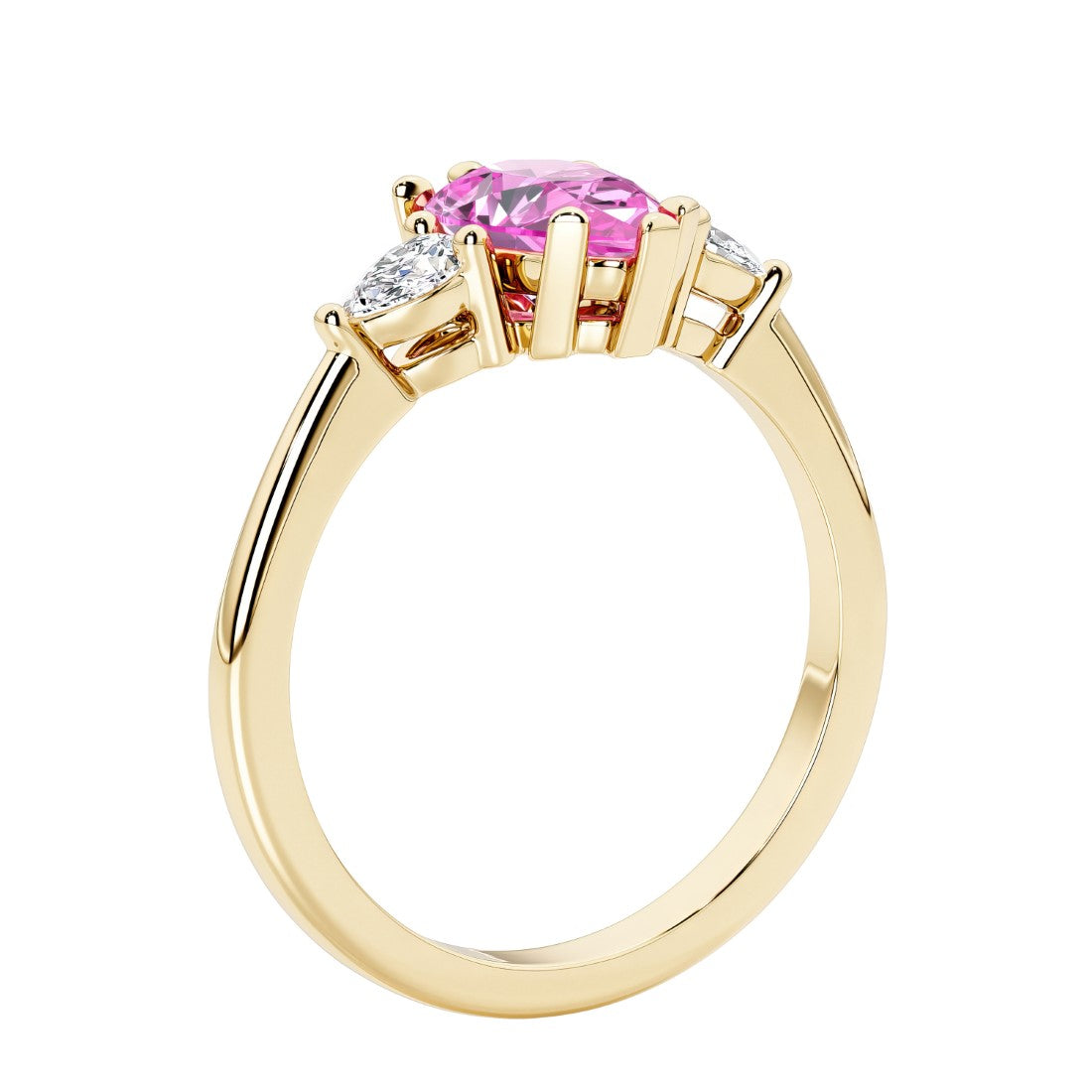 Pink Sapphire three stone pear shaped engagement ring with classic styling.