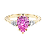 Pink Sapphire pear shaped 3 stone engagement ring with elegant diamond side stones.