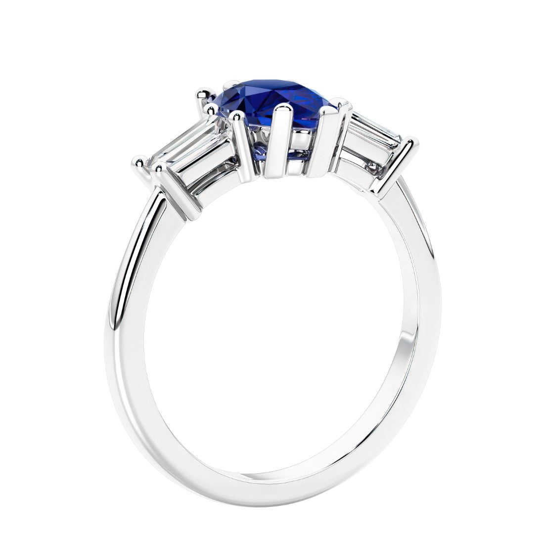 3 stone diamond engagement ring with pear shaped center in white gold featuring Blue Gemstone.
