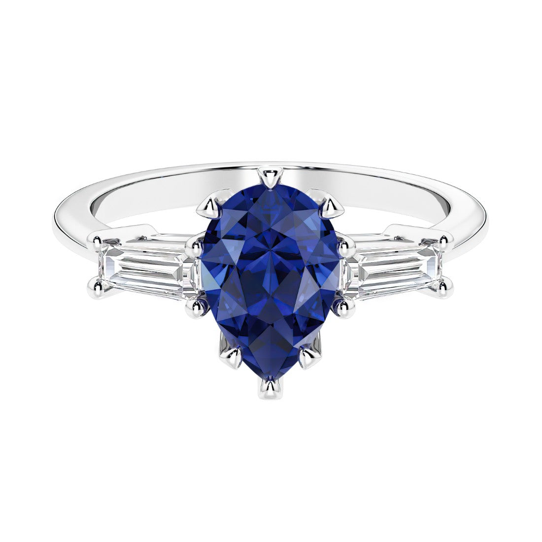 Blue Gemstone 3 stone pear diamond ring set in a delicate band.