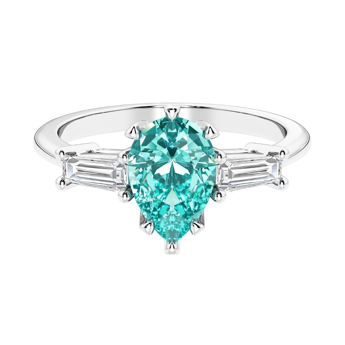 Paraiba Tourmaline 3 stone pear diamond ring set in a delicate band.