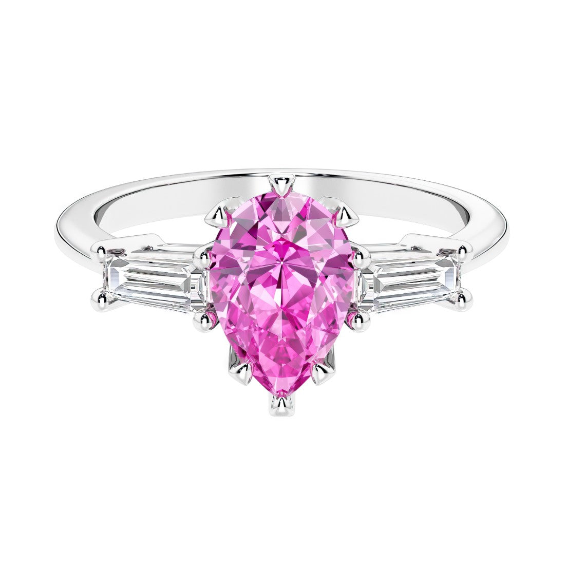 Pink Gemstone 3 stone pear diamond ring set in a delicate band.