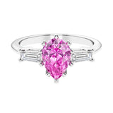Pink Gemstone 3 stone pear diamond ring set in a delicate band.
