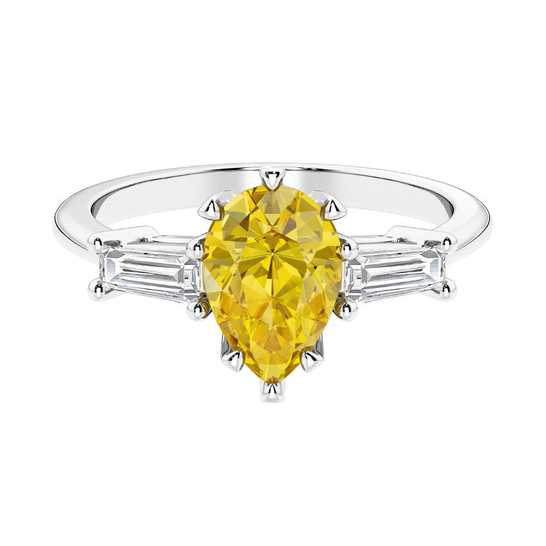 Yellow diamond 3 stone pear diamond ring set in a delicate band.