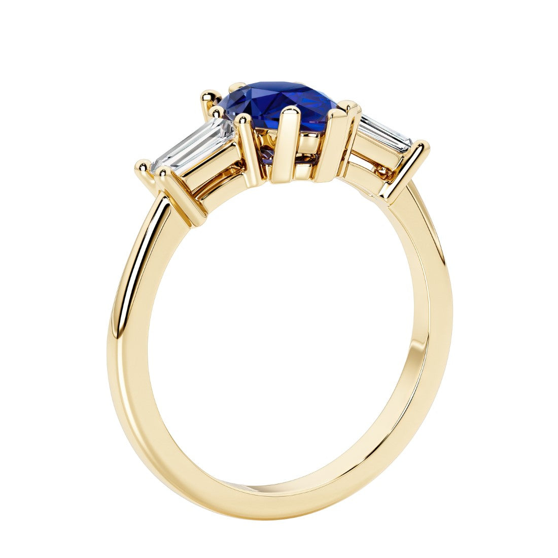 Blue Gemstone three stone pear shaped engagement ring with classic styling.