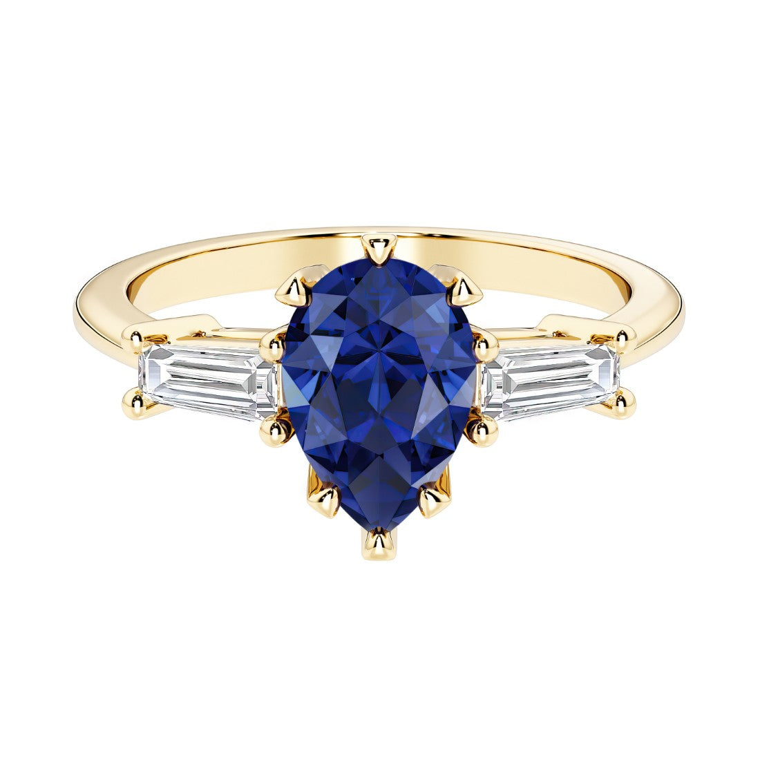 Blue Gemstone pear shaped 3 stone engagement ring with elegant diamond side stones.