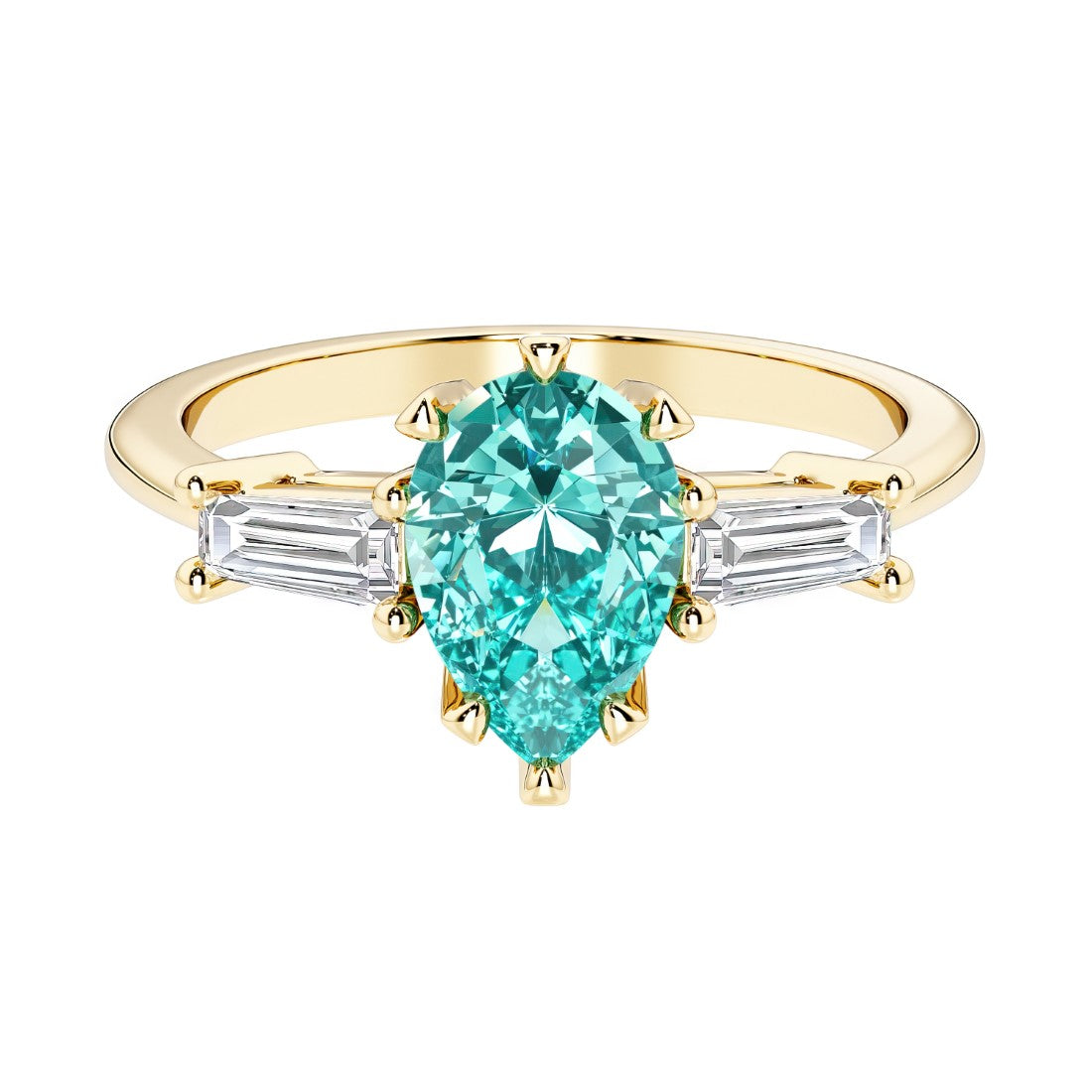 Paraiba Tourmaline pear shaped 3 stone engagement ring with elegant diamond side stones.