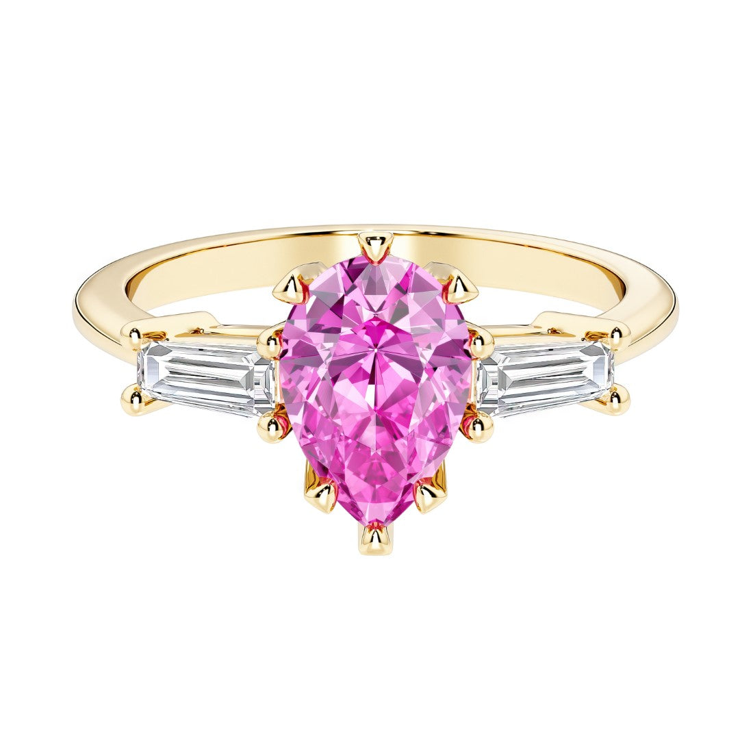 Pink Gemstone pear shaped 3 stone engagement ring with elegant diamond side stones.
