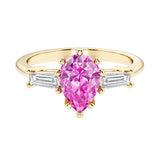 Pink Gemstone pear shaped 3 stone engagement ring with elegant diamond side stones.