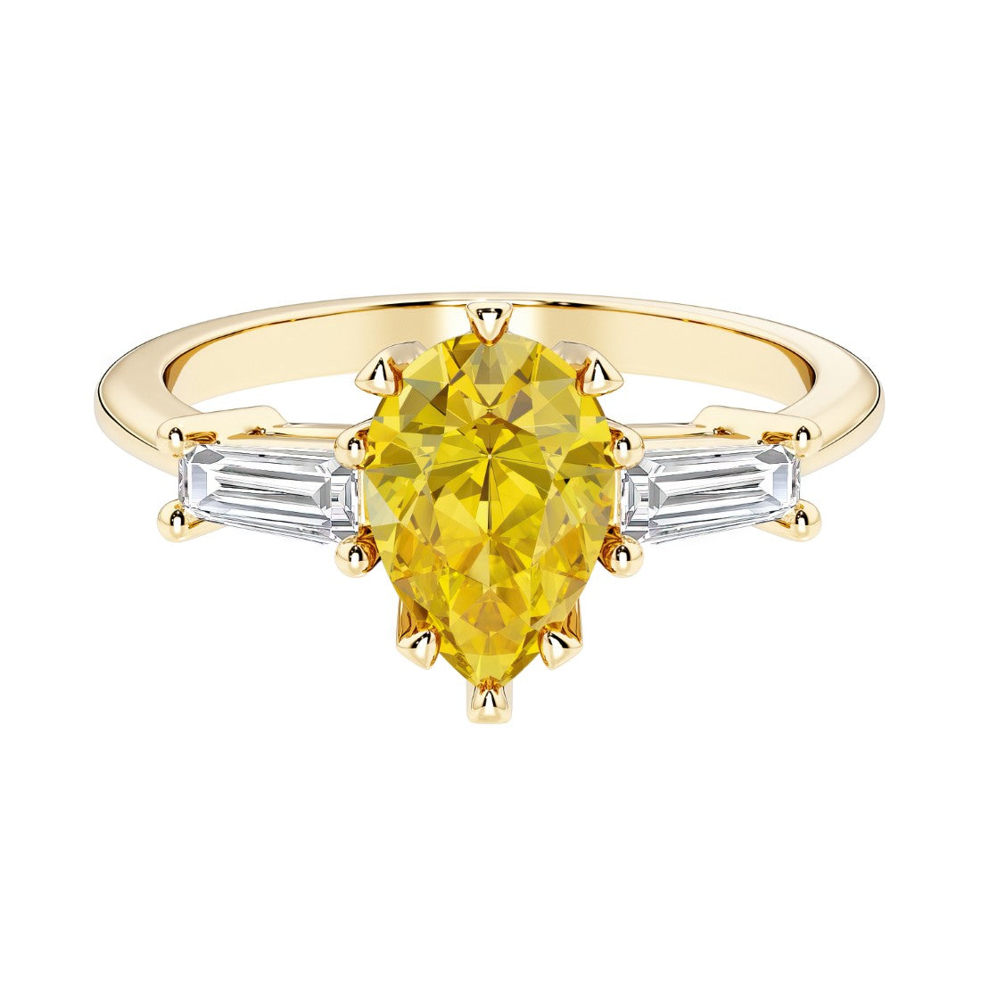 Yellow diamond pear shaped 3 stone engagement ring with elegant diamond side stones.