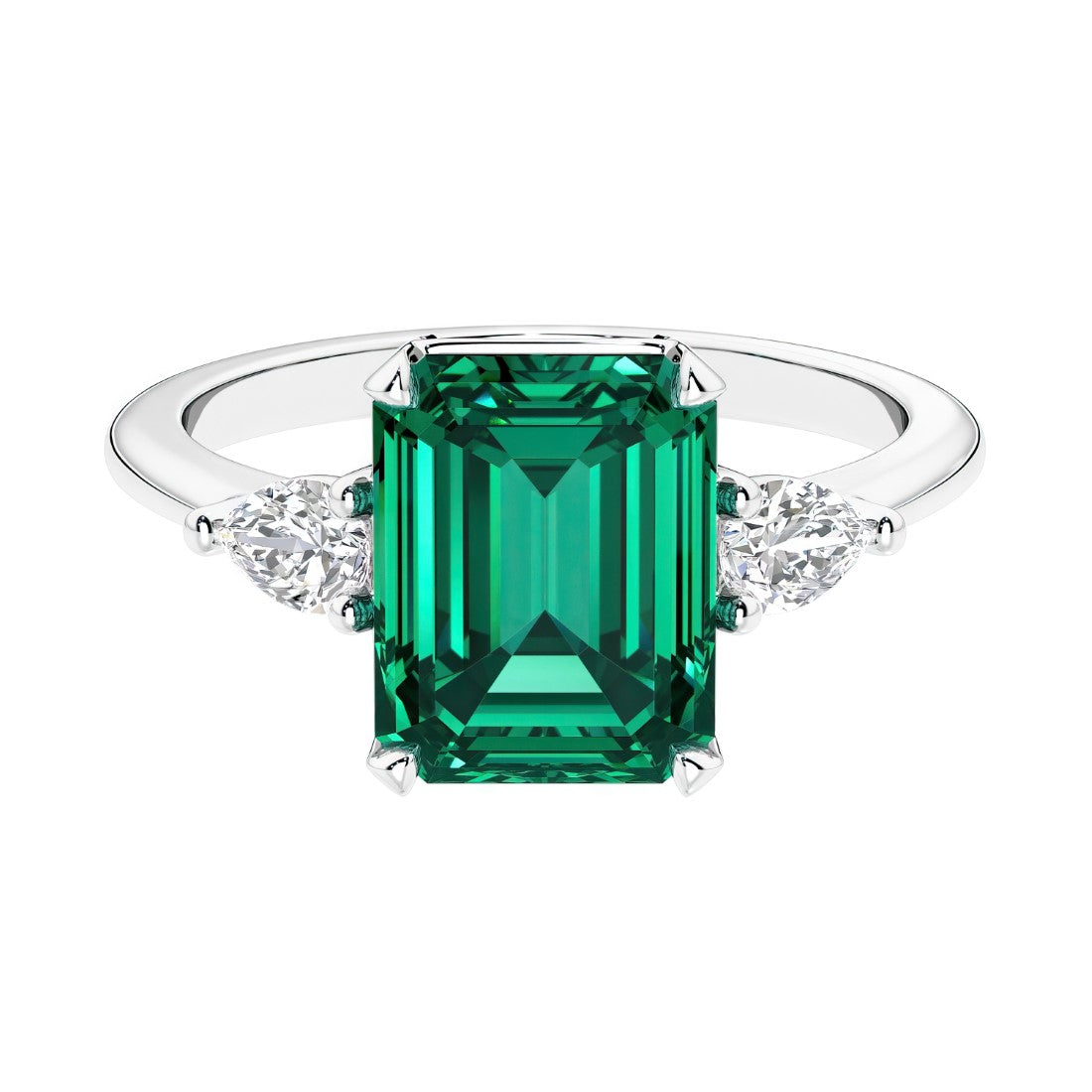 Three stone emerald cut engagement ring for timeless elegance featuring gemstone and diamonds.
