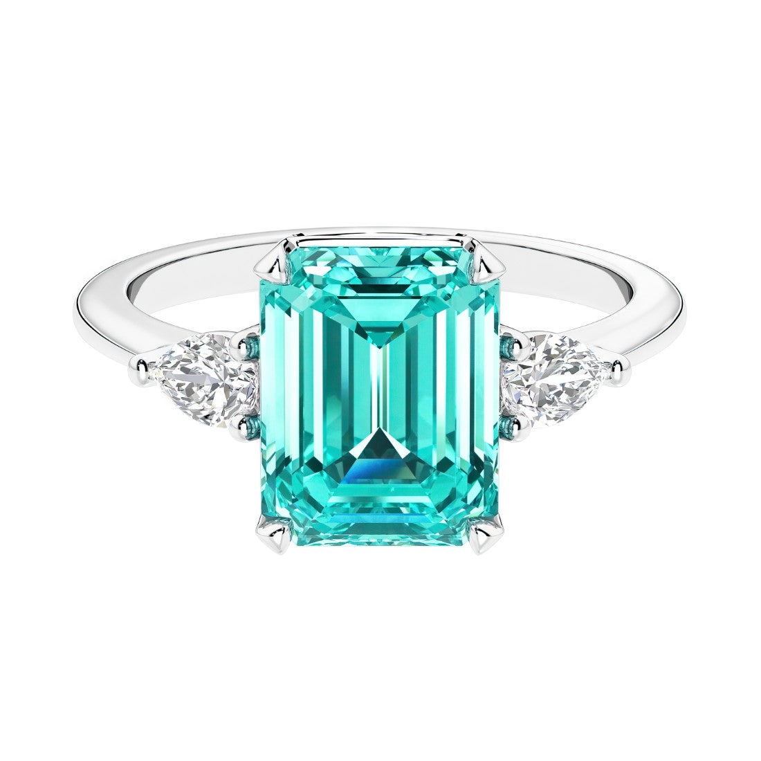 Three stone emerald cut engagement ring for timeless elegance featuring gemstone and diamonds.