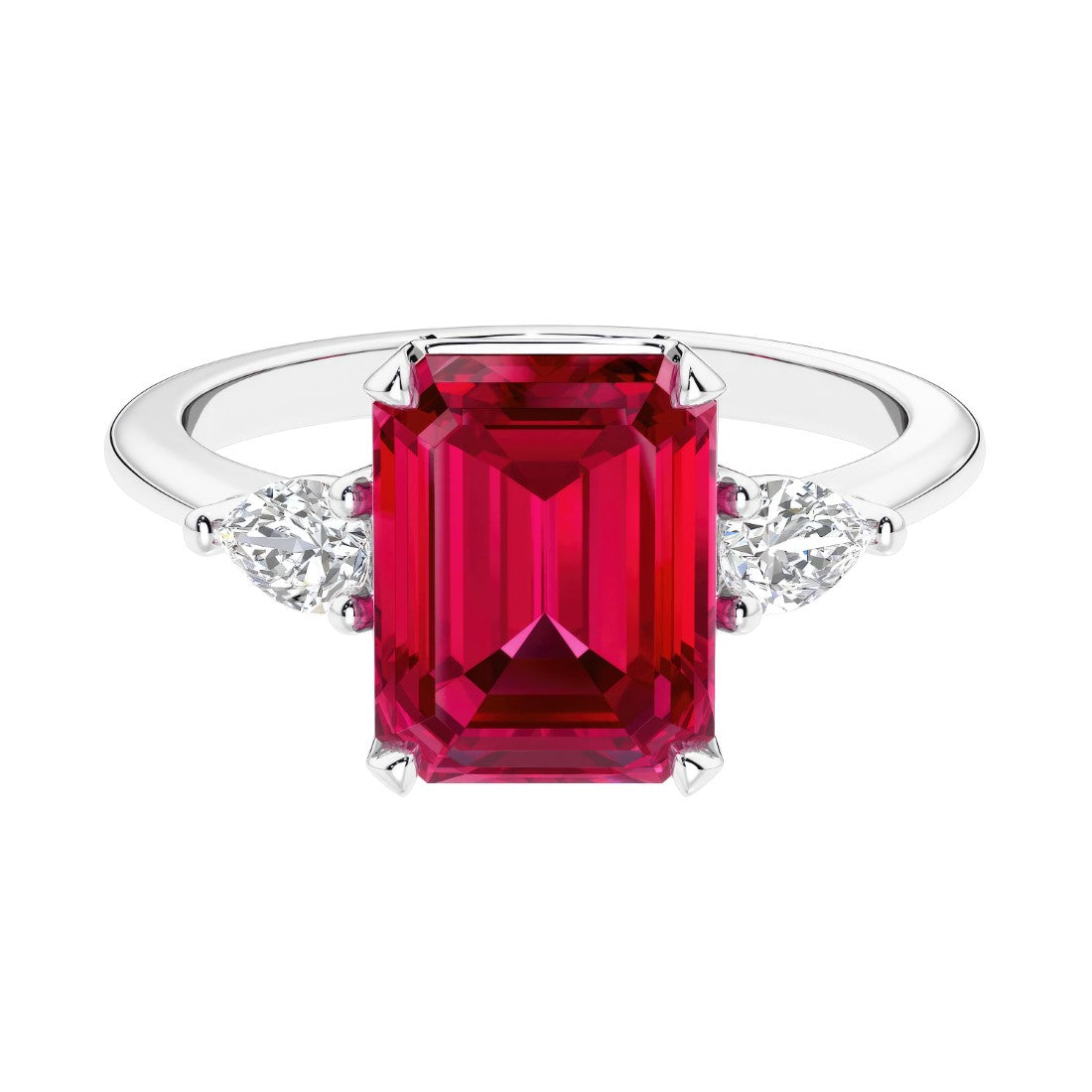 Three stone emerald cut engagement ring for timeless elegance featuring gemstone and diamonds.