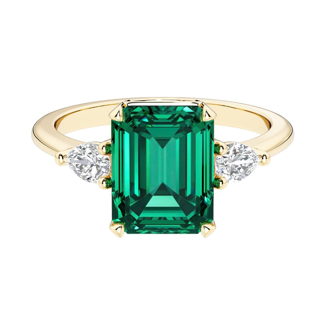 Emerald cut 3 stone engagement ring with gemstone and diamond accents.