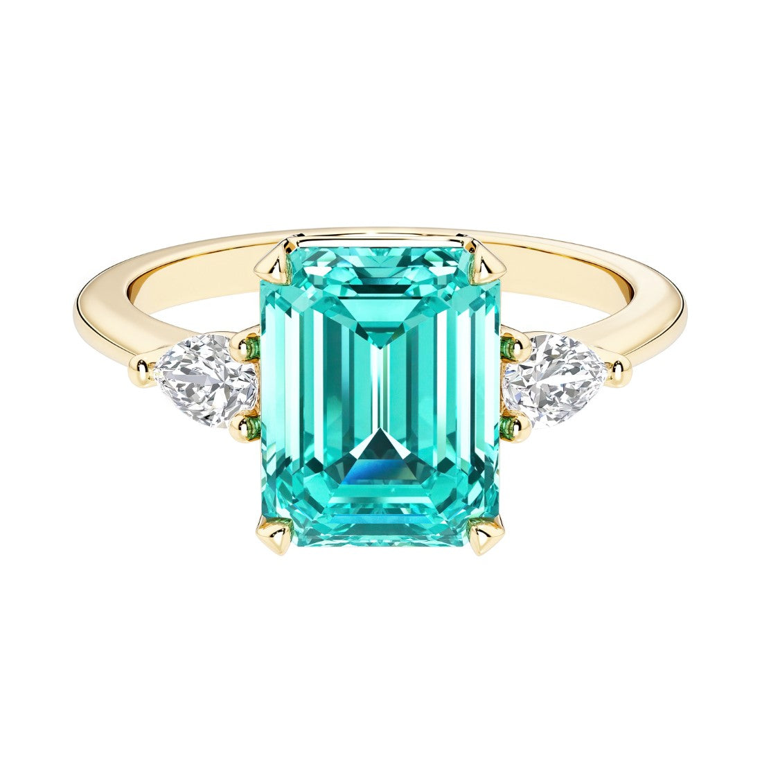 Emerald cut 3 stone engagement ring with gemstone and diamond accents.