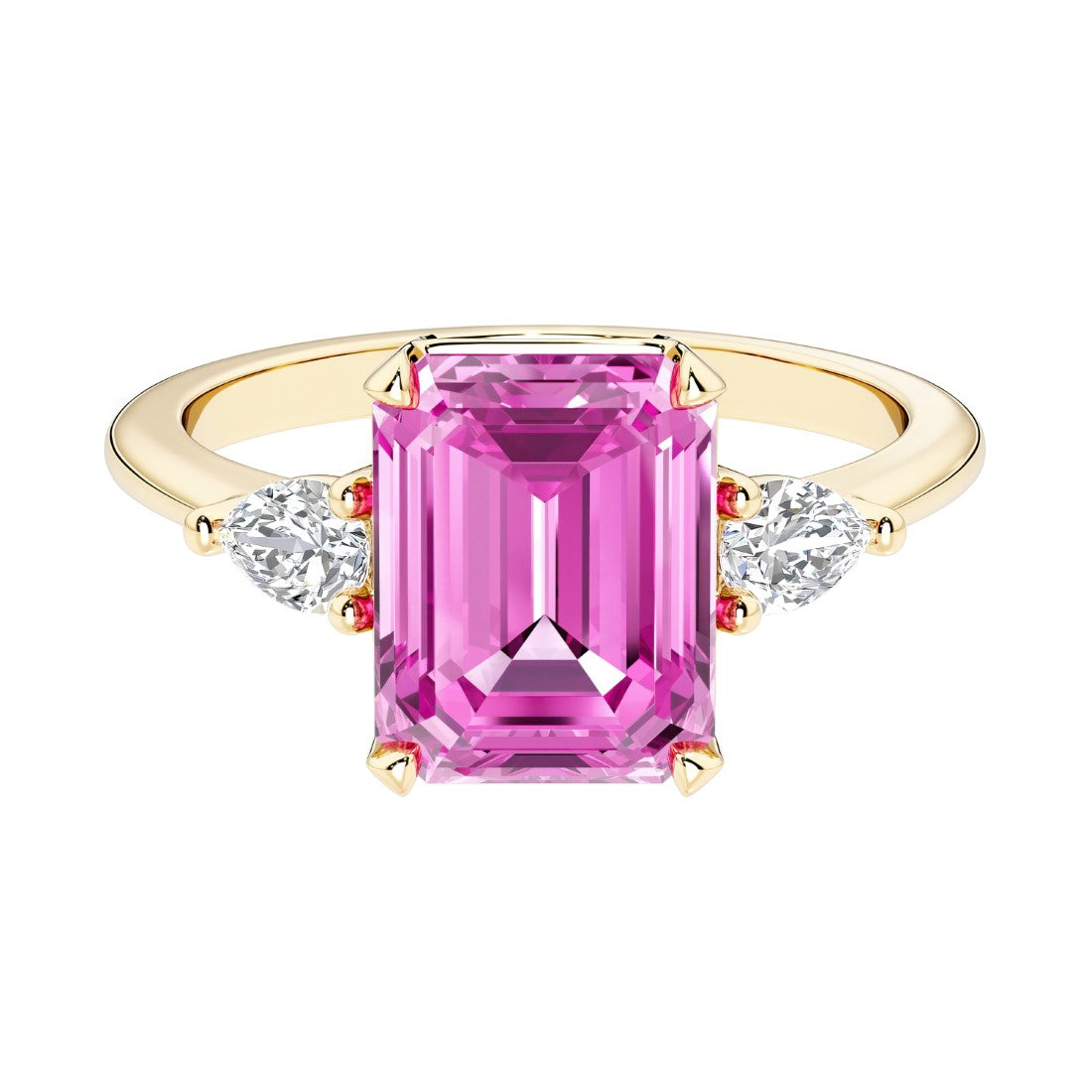 Emerald cut 3 stone engagement ring with gemstone and diamond accents.
