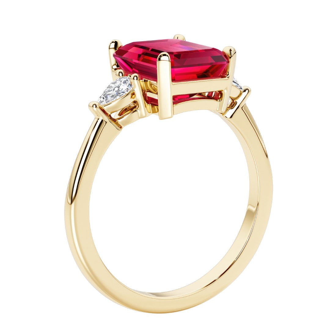 Emerald cut 3 diamond ring representing past, present, and future featuring gemstone center.