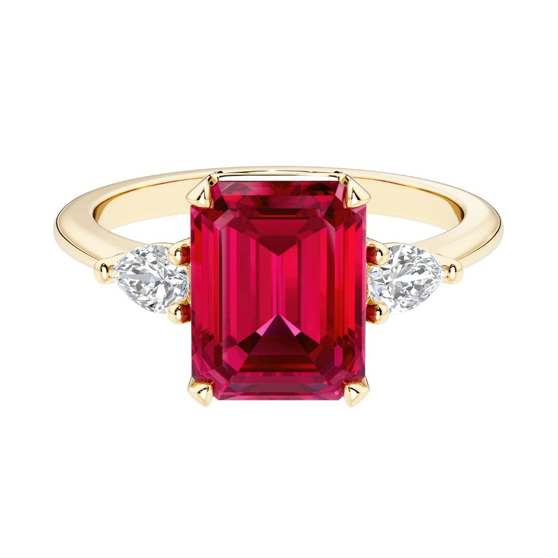 Emerald cut 3 stone engagement ring with gemstone and diamond accents.