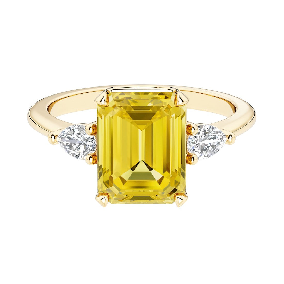Emerald cut 3 stone engagement ring with gemstone and diamond accents.
