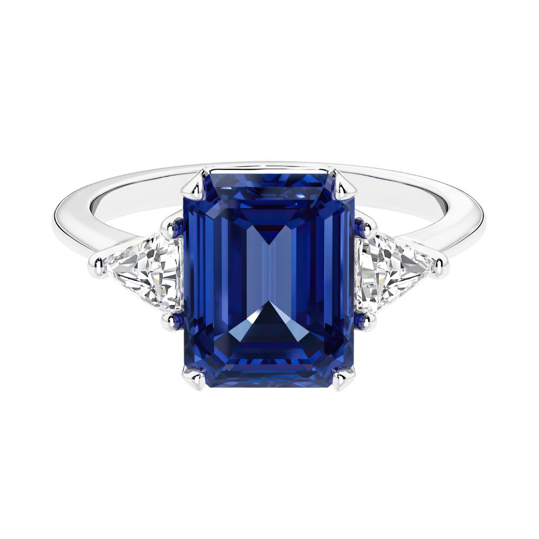 Three stone emerald cut engagement ring for timeless elegance featuring blue gemstone and diamonds.