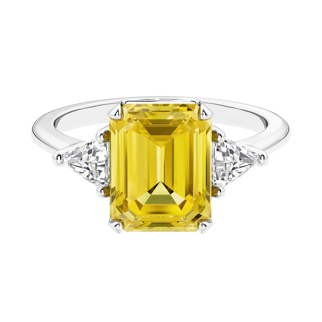 Three stone emerald cut engagement ring for timeless elegance featuring yellow gemstone and diamonds.