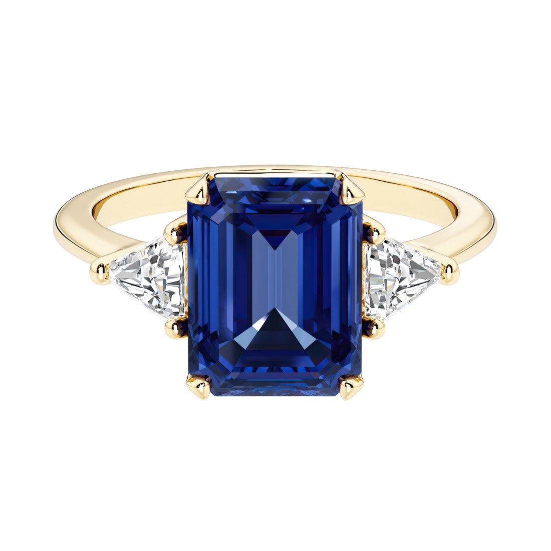 Emerald cut 3 stone engagement ring with blue gemstone and diamond accents.