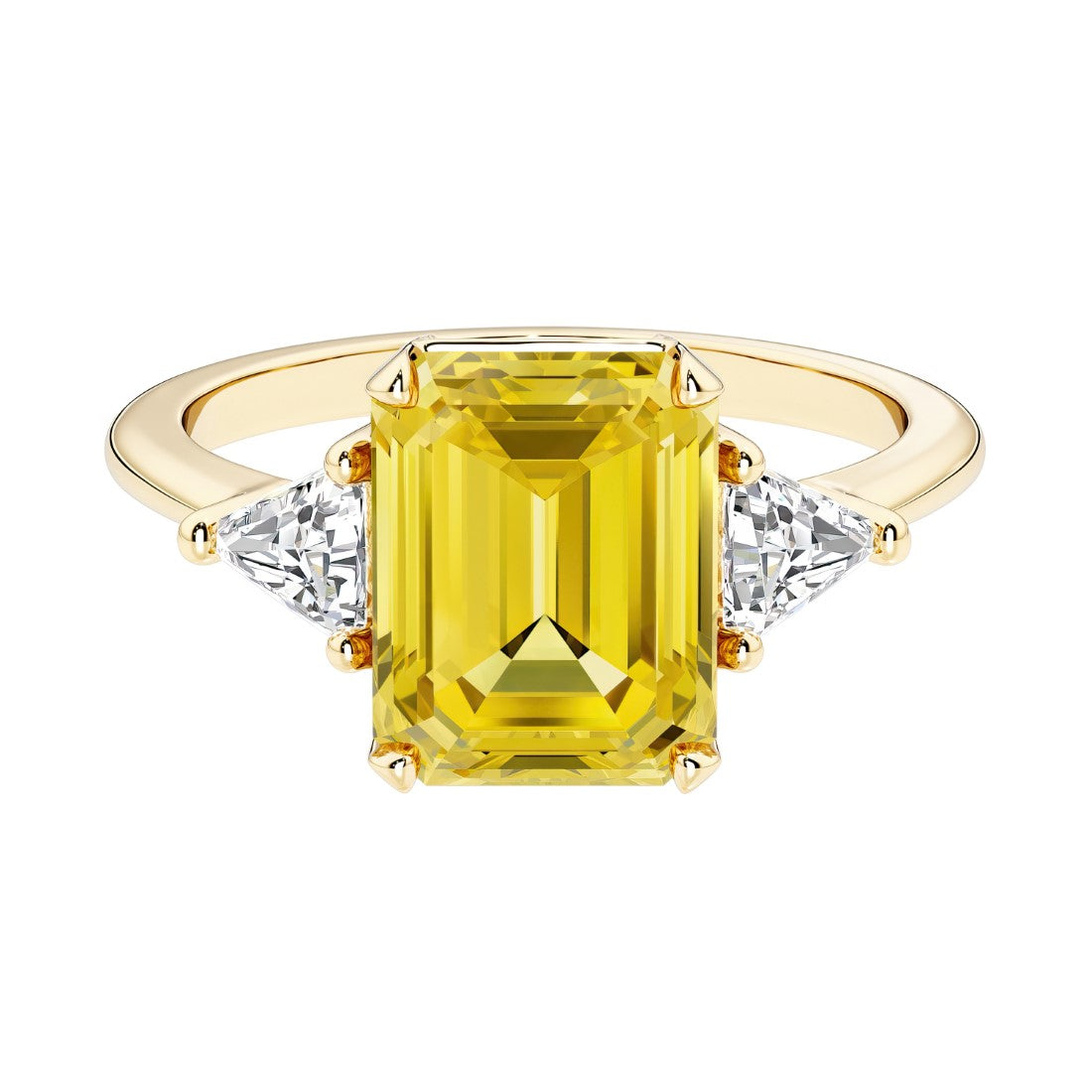 Emerald cut 3 stone engagement ring with yellow gemstone and diamond accents.