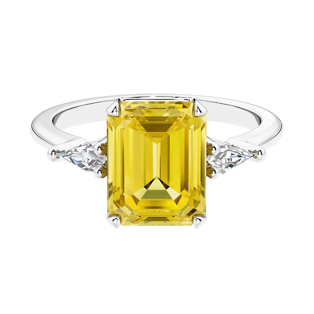 Three stone emerald cut engagement ring for timeless elegance featuring pink gemstone and diamonds.