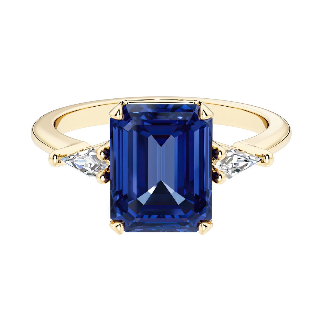 Emerald cut 3 stone engagement ring with blue gemstone and diamond accents.