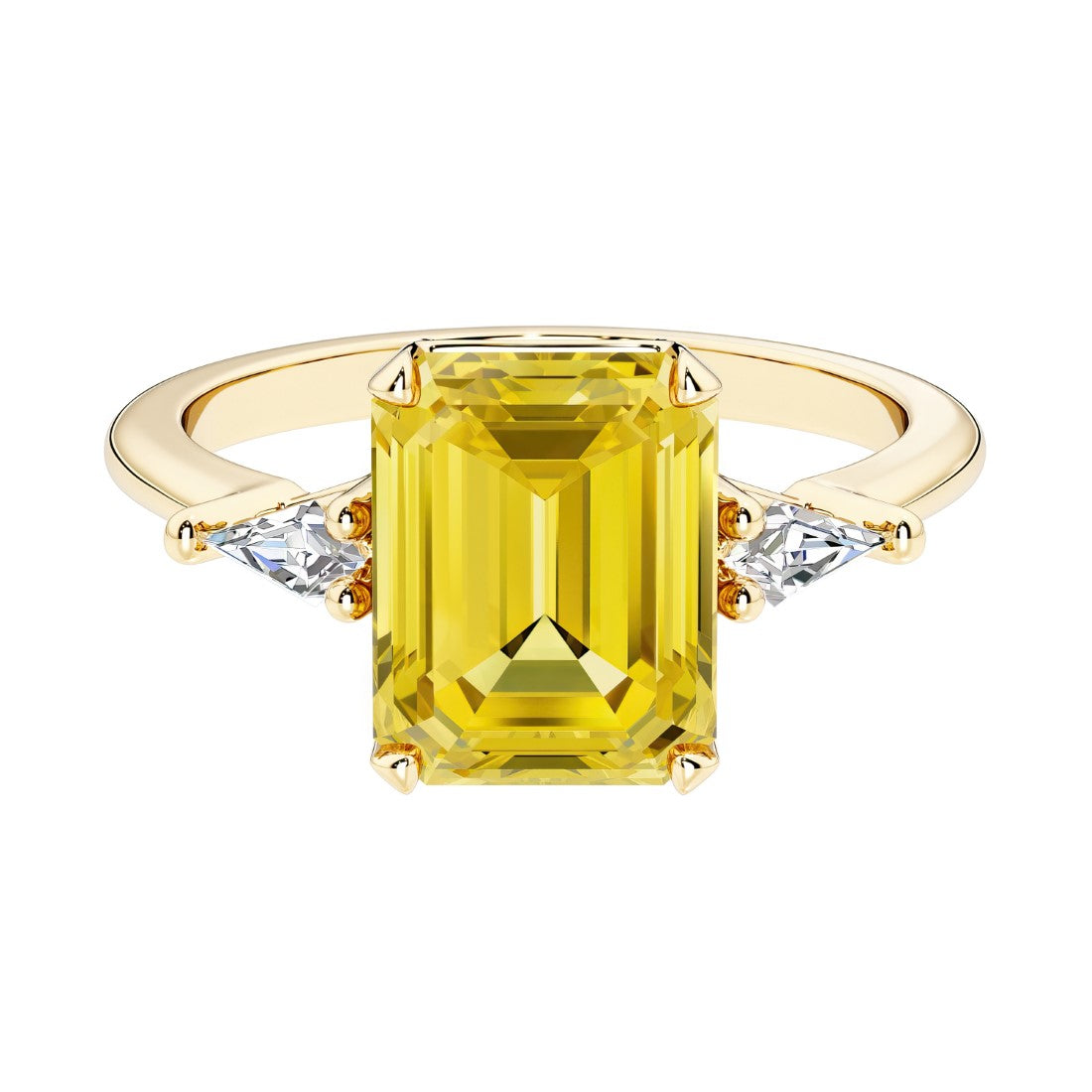 Emerald cut 3 stone engagement ring with pink gemstone and diamond accents.