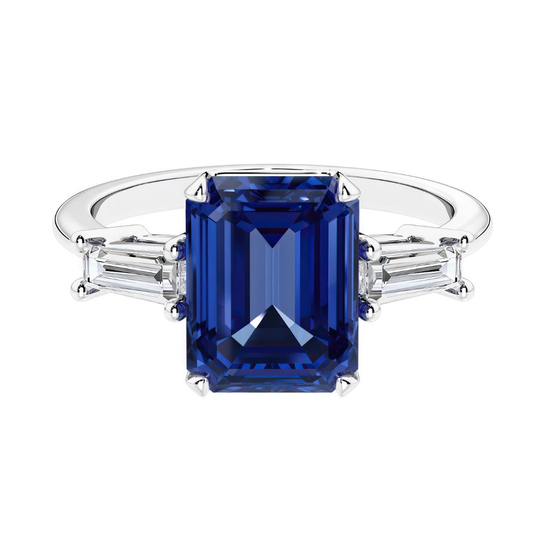 Three stone emerald cut engagement ring for timeless elegance featuring blue gemstone and diamonds.