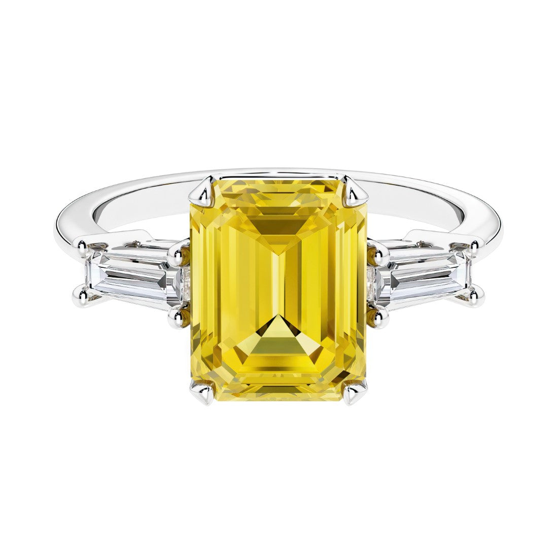Three stone emerald cut engagement ring for timeless elegance featuring yellow gemstone and diamonds.