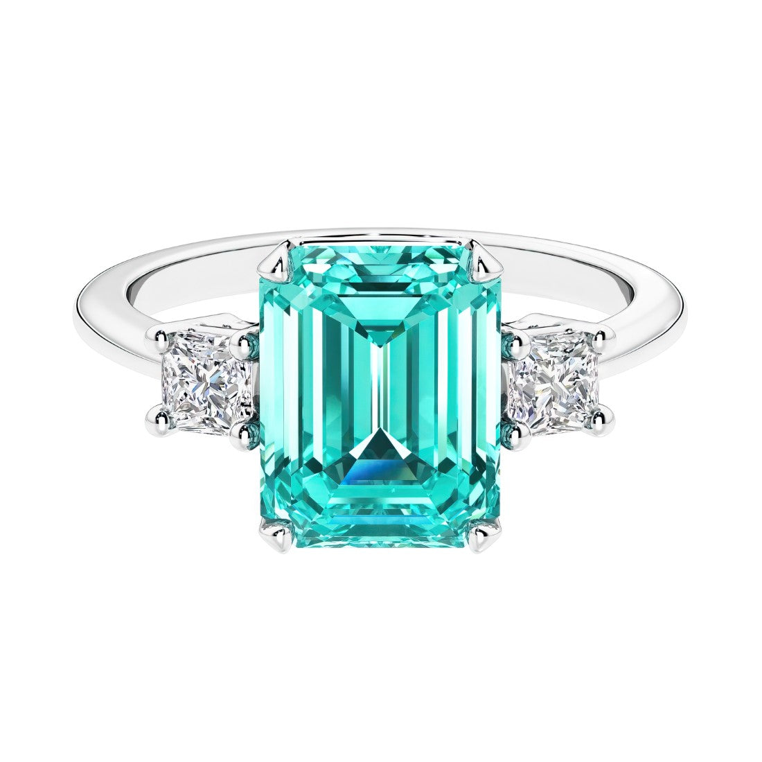 Three stone emerald cut engagement ring for timeless elegance featuring green gemstone and diamonds.