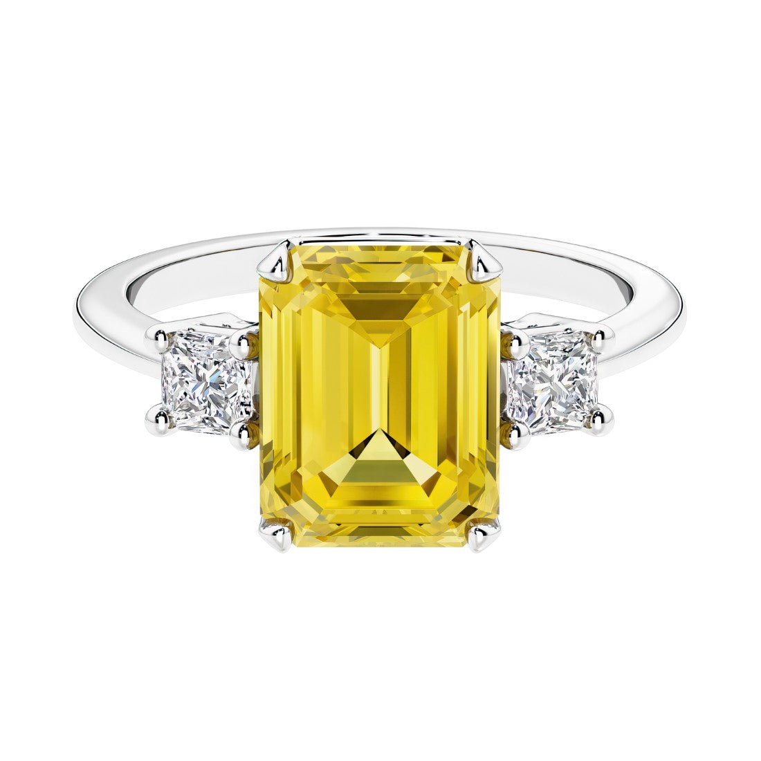 Three stone emerald cut engagement ring for timeless elegance featuring yellow gemstone and diamonds.